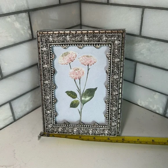 Pink Zinnia Flowers in a Vintage Azzure Home Pewter 5.5” x 3.5” Picture Frame - Picture 10 of 12